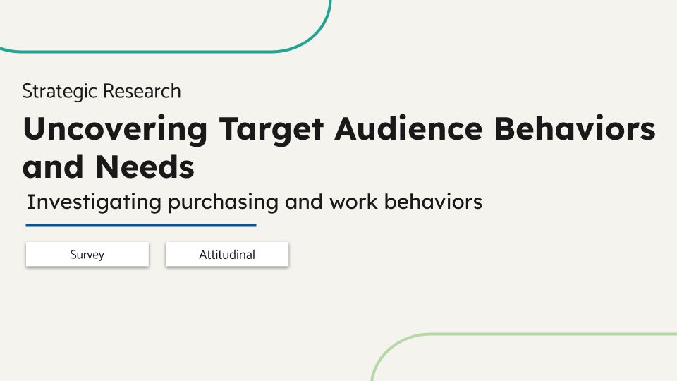 Strategic Research. Uncovering Target Audience Behaviors and Needs. Investigating purchasing and work behaviors. Survey, Attitudinal